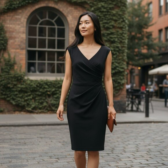 Lela Rose Dress 8 | 100% Silk Lined Wool Blend Black Sheath V-Neck Ruched - Picture 1 of 7